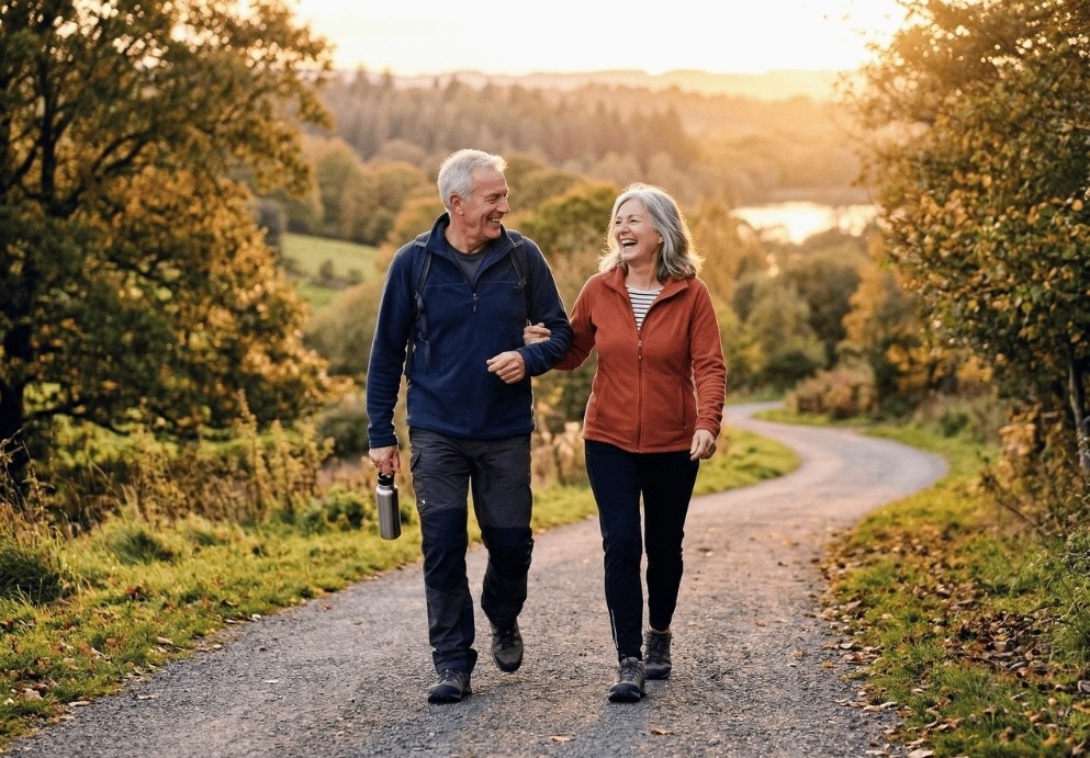 Active older couple walking outdoors in warm golden-hour light