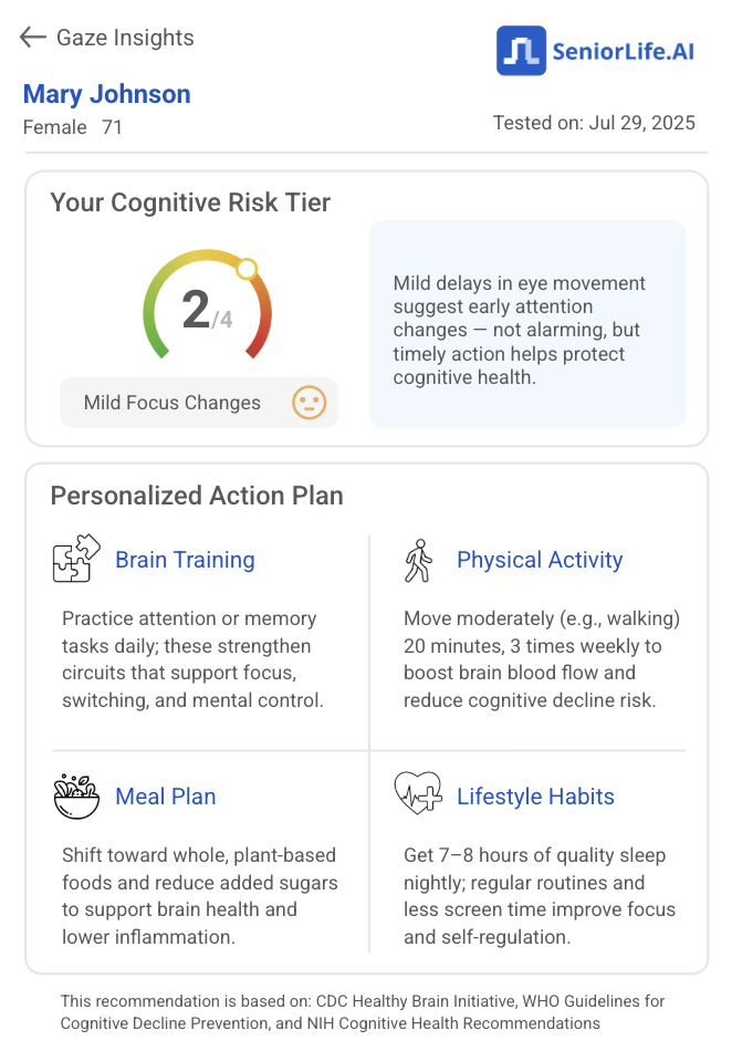 Personalised cognitive wellness plan screen