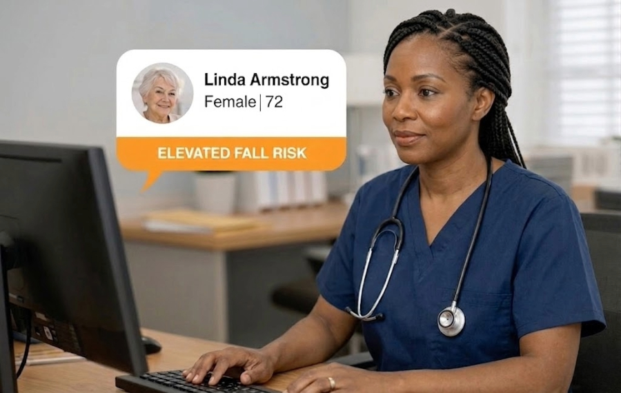 Care coordinator reviewing a resident risk dashboard with risk tier badges and 180-day mobility trend chart
