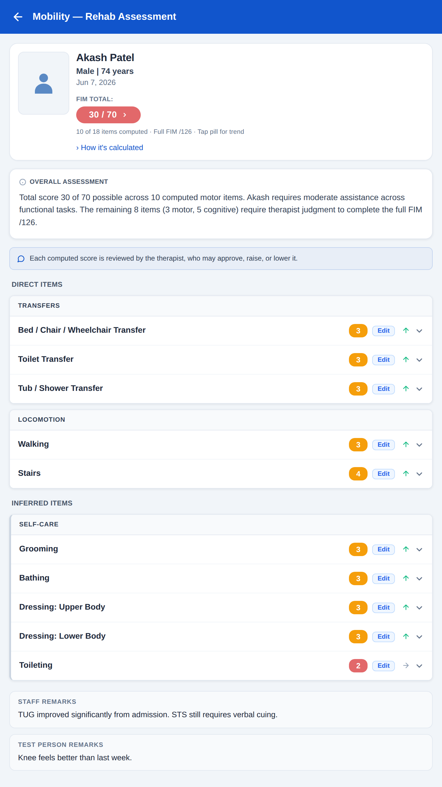 SeniorLife Rehab result — estimated Motor-FIM with direct and inferred items, each therapist-editable