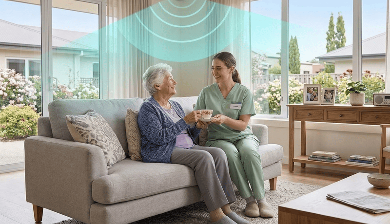Discreet radar sensor in a senior's room with fall detection alert visible on app
