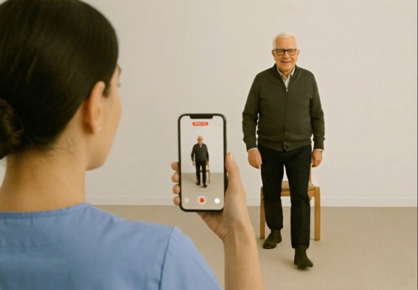Staff filming resident during a 30-second TUG test with gait domain scores visible on screen