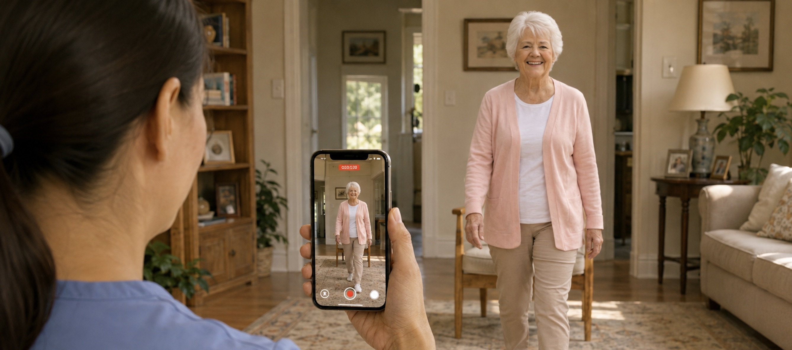 In-home caregiver and client reviewing functional results together