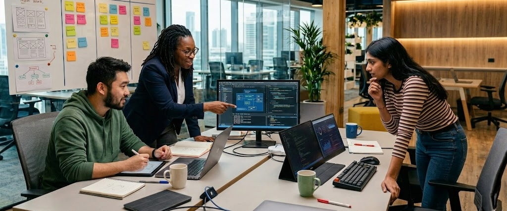 Two professionals reviewing a health analytics dashboard in a modern office setting