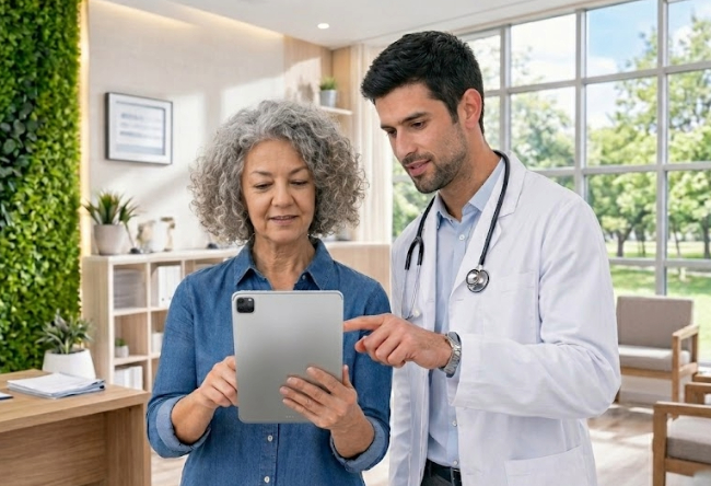 First visit member completing cognitive check-in and gaze assessment on iPad in a premium clinic