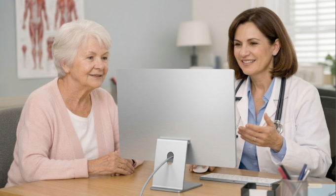 Clinician presenting a 12-month wellness report at renewal with stable cognitive trend and improved performance scores