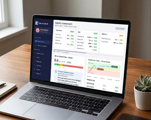Clinician reviewing longitudinal dashboard with cognitive trend and performance domain scores across sessions