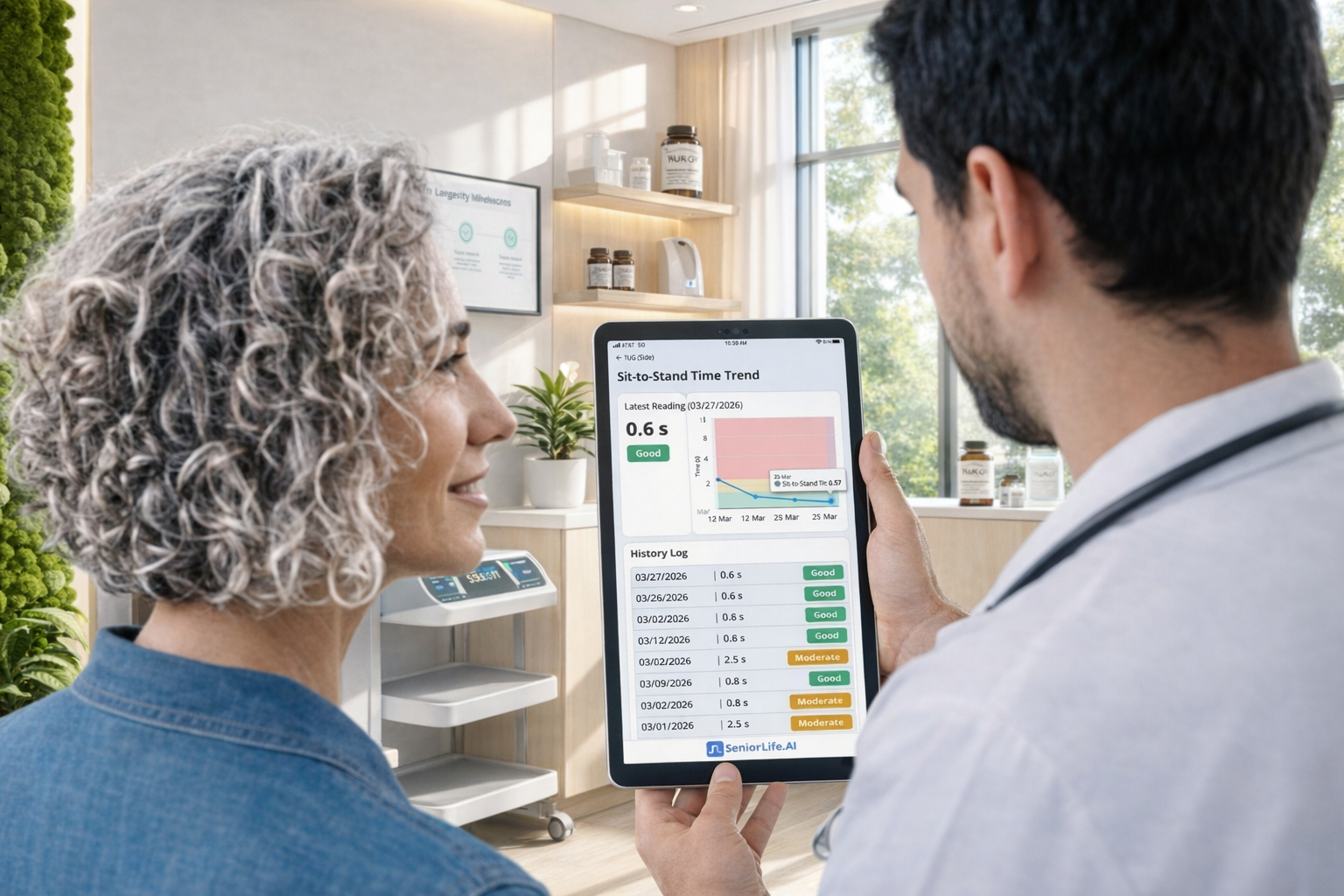 Clinician presenting a longitudinal wellness report to a highly engaged member in a premium clinic